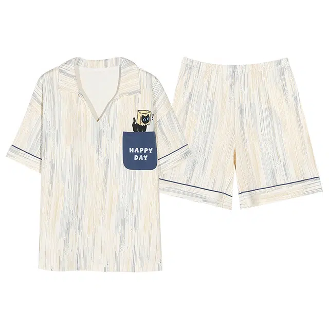 乐姿韵 带胸垫可爱卡通柔软透气翻领短袖舒适家居服睡衣套装 女款 杏色