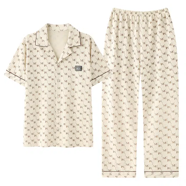 莫代尔 舒适休闲翻领开衫轻柔细腻简约气质百搭短袖长裤可外穿春夏季睡衣套装 男款
