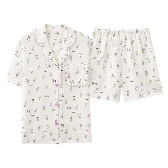 俏薇妮 简约温馨碎花高级感短袖短裤家居服休闲宽松舒适凉爽透气可外穿夏季睡衣套装 女款 米白色