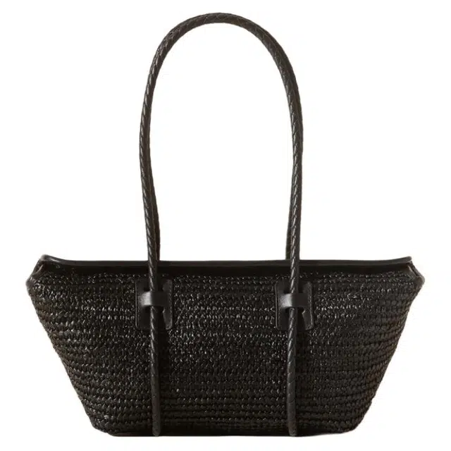 Hereu Classic Woven Strap Raffia Shoulder Bag Black