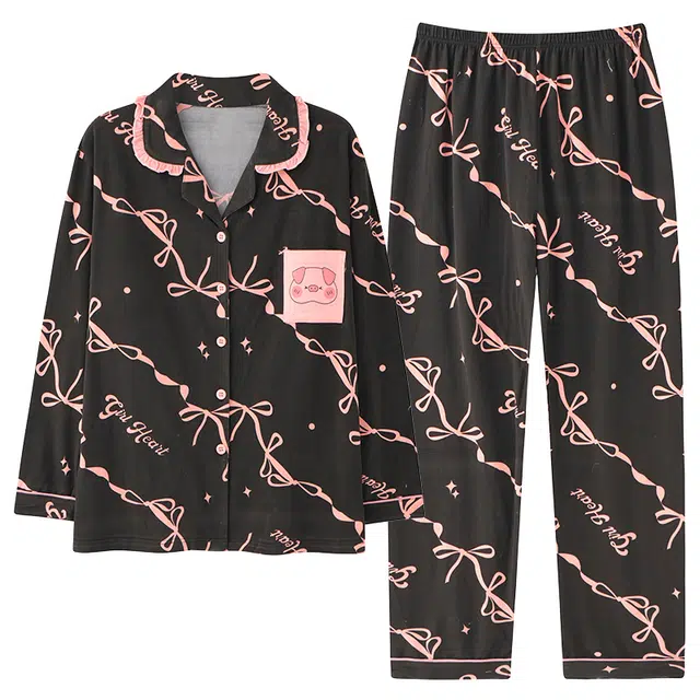 莫代尔 舒适休闲可爱卡通翻领开衫个性大方百搭长袖可外穿春秋季睡衣套装 女款 粉色