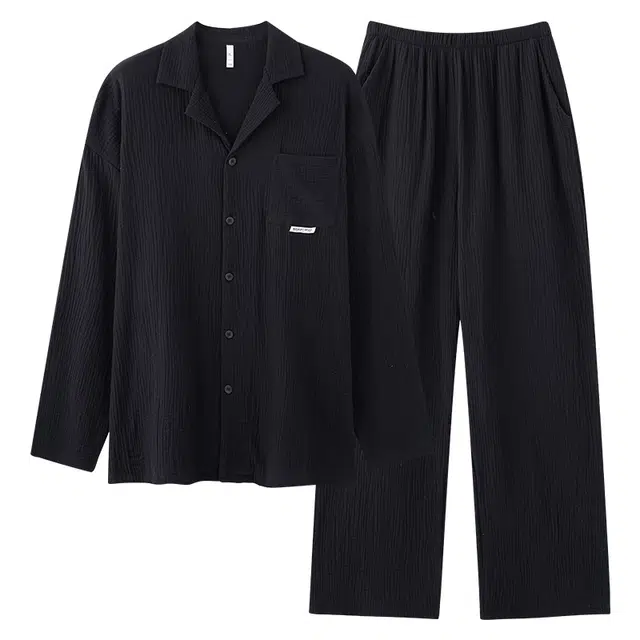 夏芬妍 舒适柔软纯色长袖上衣家居服休闲亲肤可外穿长裤睡衣套装 男款 黑色