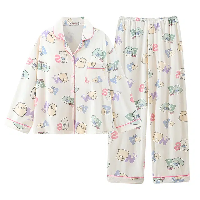 俞兆林 带固定胸垫可爱卡通翻领亲肤舒适长袖上衣休闲家居服长裤睡衣套装 女款 杏色