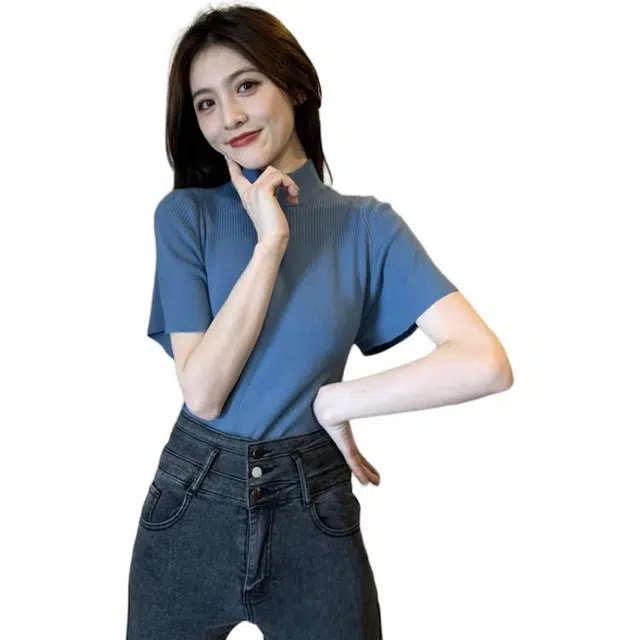 思蓓儿 复古半领飞飞袖显瘦打底衫短袖上衣针织衫 女款