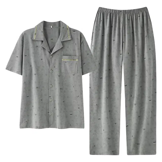 莫代尔 轻盈透气舒适翻领开衫时尚高级感个性大方短袖长裤可外穿春夏季睡衣套装 男款 灰绿