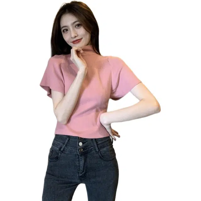思蓓儿 复古半领飞飞袖显瘦打底衫短袖上衣针织衫 女款