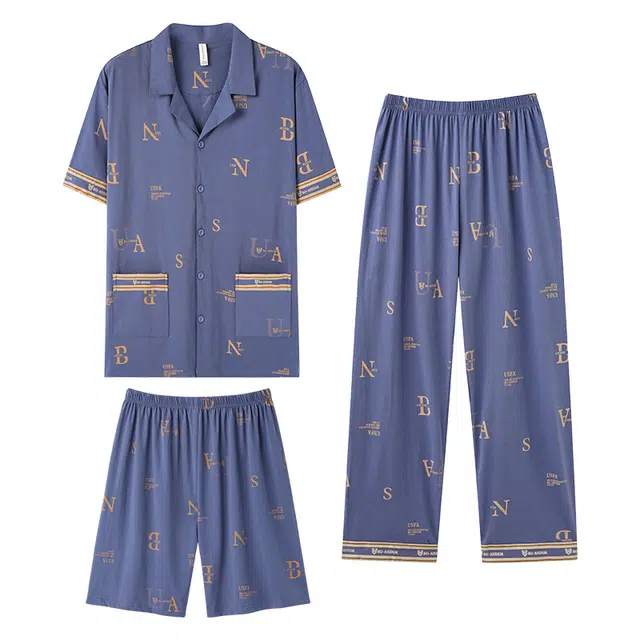 莫代尔 休闲轻柔舒适百搭高级感亲肤短袖可外穿夏季睡衣套装 男款 蓝色