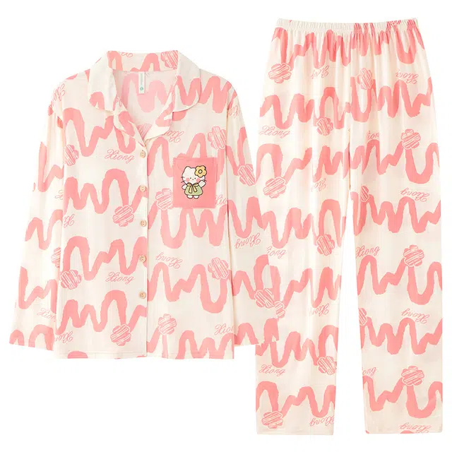 莫代尔 舒适柔软翻领开衫气质时尚百搭防凸点长袖可外穿春秋季睡衣套装 女款 粉色