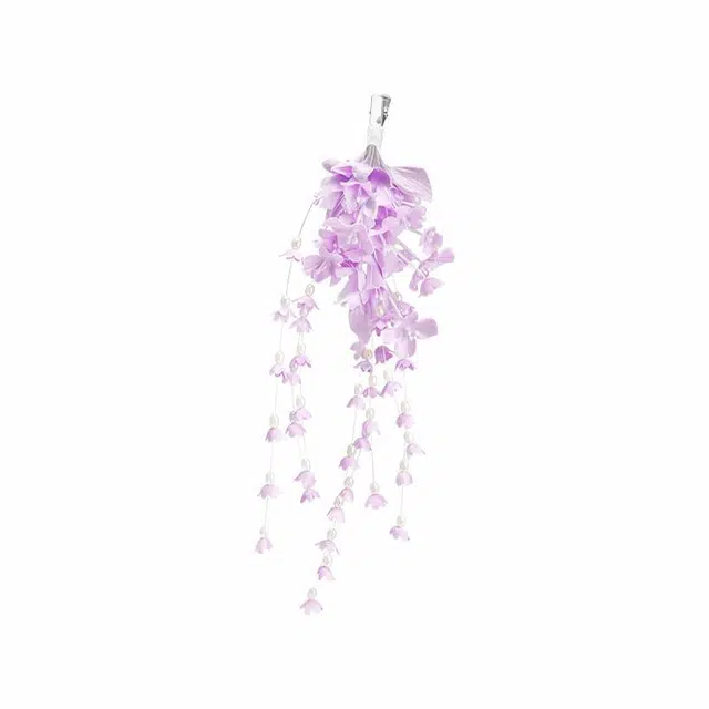 芒果饰品 超仙紫色铃兰花流苏发饰 仿珍珠 布艺 发夹 女款