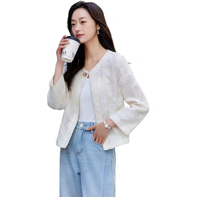 欧昵雪 圆领时尚亮片蕾丝休闲截短外套 女款 杏色