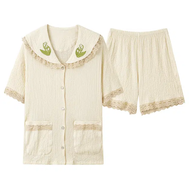 俏薇妮 简约清新温馨高级感短袖短裤家居服休闲宽松舒适凉爽透气可外穿夏季睡衣套装 女款 杏色