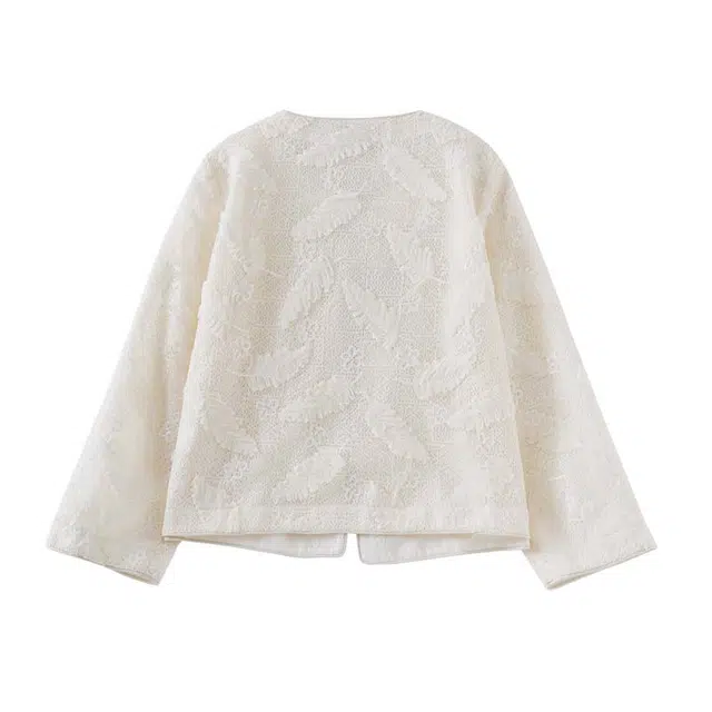 欧昵雪 圆领时尚亮片蕾丝休闲截短外套 女款 杏色