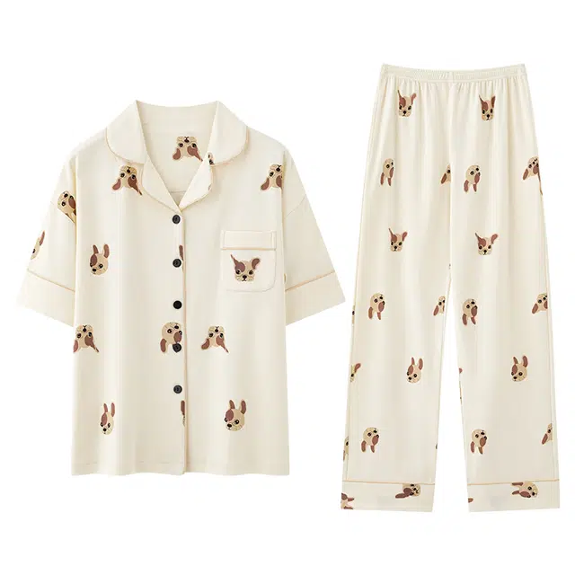 顶瓜瓜 纯棉短袖满印狗狗家居服翻领开衫可外穿家居服长裤宽松休闲睡衣套装 女款 图片色
