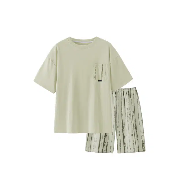 俞兆林 简约纯色时尚口袋圆领柔软透气短袖休闲睡衣套装 男款 绿色