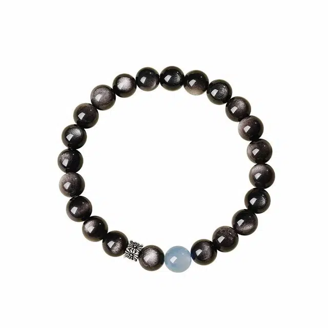 【时来运转】 指尖瑰宝 轻奢高级感魔鬼蓝海蓝宝串珠 净化磁场增强能量 黑曜石 手串 男女同款情侣款