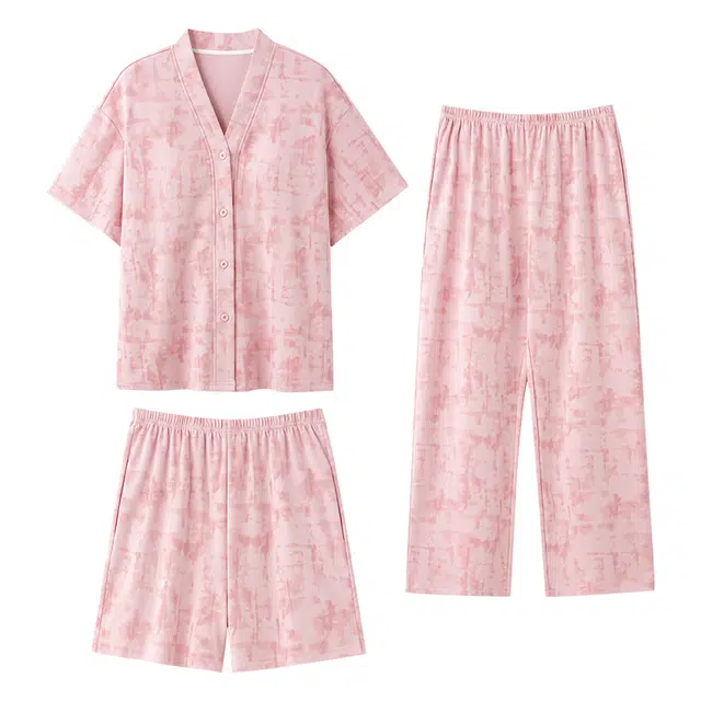 夏芬妍 时尚简约亲肤扎染风纯棉带胸垫开衫家居服舒适休闲短袖和服三件套可外穿睡衣套装 女款 粉色