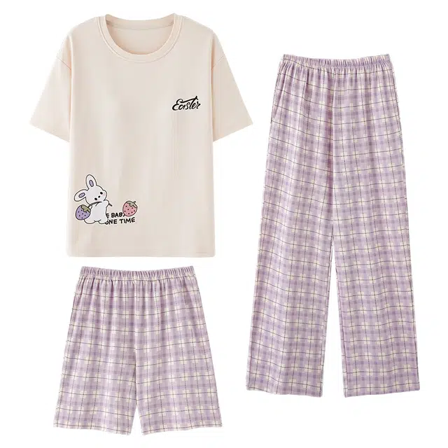 夏芬妍 简约舒适柔软复古格子草莓兔纯棉家居服透气亲肤宽松短袖圆领套头三件套可外穿睡衣套装 女款 紫色
