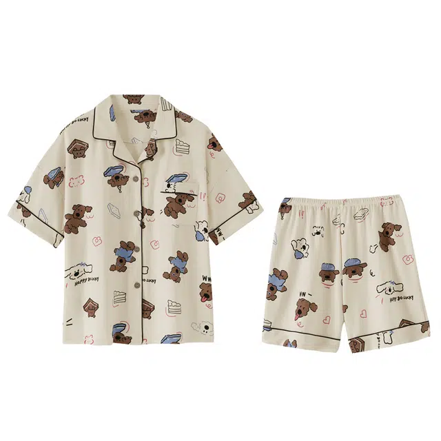 欧诗帛 翻领简约舒适短袖上衣休闲三分裤睡衣套装 女款 杏色