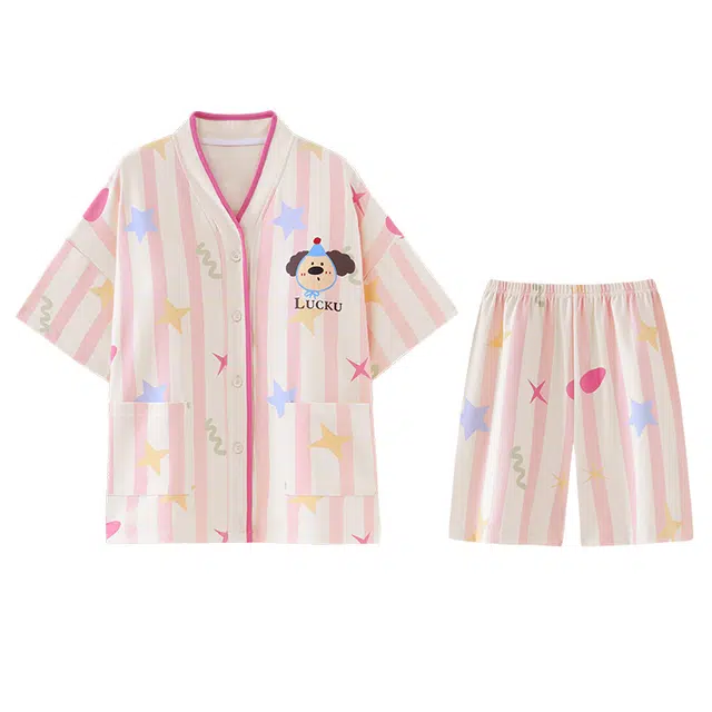 欧诗帛 带胸垫韩版卡通短袖学生家居服可外穿睡衣套装 女款 图片色