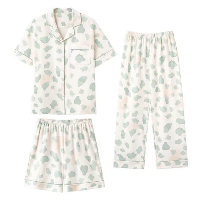 宫蝶 纯棉短袖甜美风家居服可外穿休闲开衫长裤睡衣套装 女款 图片色