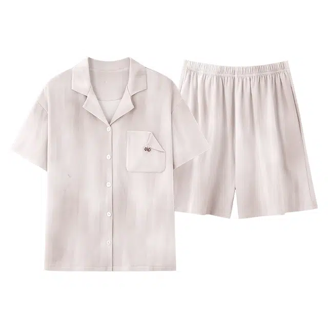 夏芬妍 简约舒适柔软素色晕染纯棉翻领家居服透气亲肤宽松短袖短裤可外穿睡衣套装 女款 杏色