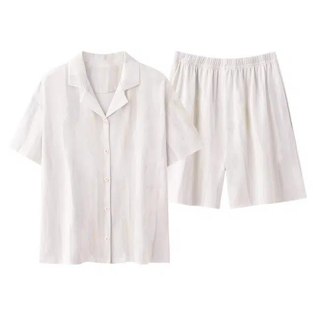 夏芬妍 简约舒适柔软素色纹理纯棉翻领家居服透气亲肤宽松短袖短裤可外穿睡衣套装 女款 杏色