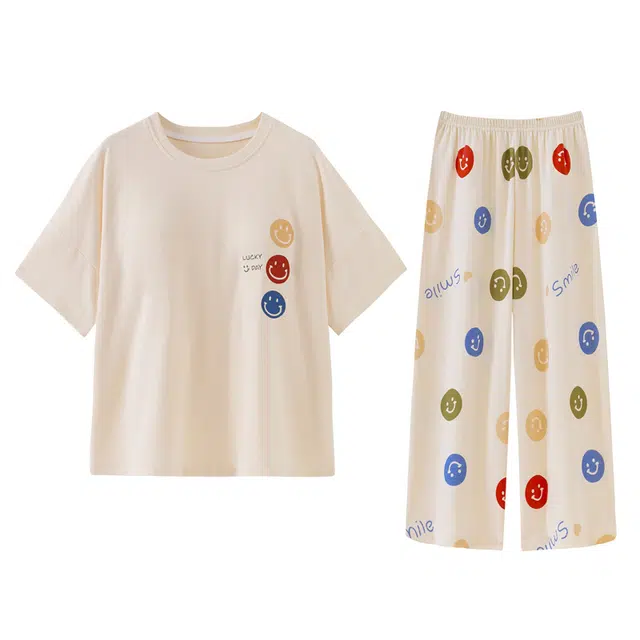 欧诗帛 卡通带胸垫韩版可外穿短袖七分裤睡衣套装 女款 图片色