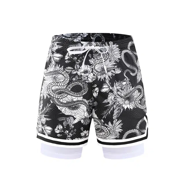 特色玫瑰蛇纹拼花透气速干凉感宽松篮球训练五分假两件裤运动短裤 男女同款