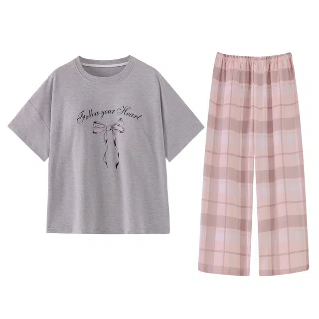 欧诗帛 卡通带胸垫可外穿韩版短袖七分裤睡衣套装 女款 图片色