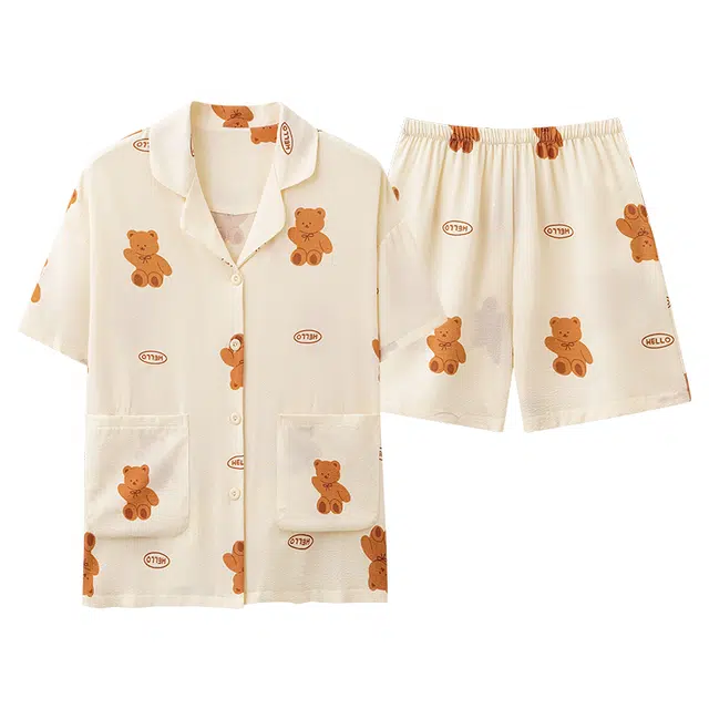 俏薇妮 简约温馨可爱小熊高级感短袖短裤家居服休闲宽松舒适凉爽透气可外穿夏季睡衣套装 女款 杏色