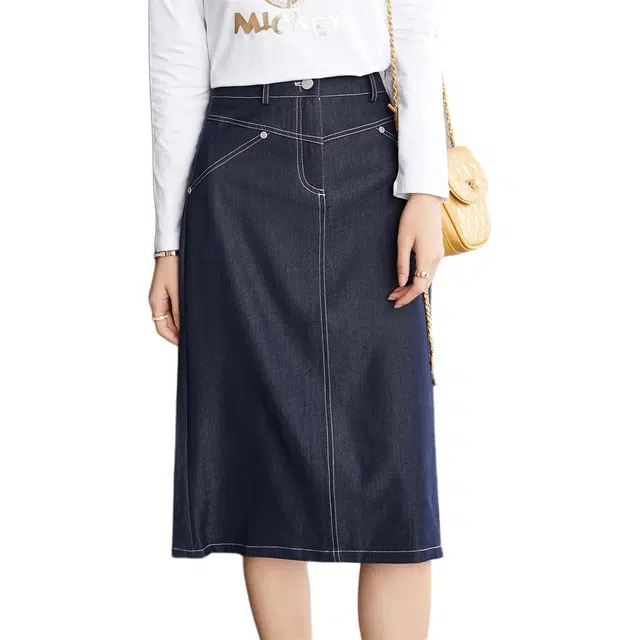 莫代尔 纯色高腰开叉包臀休闲长裙 女款 藏青色