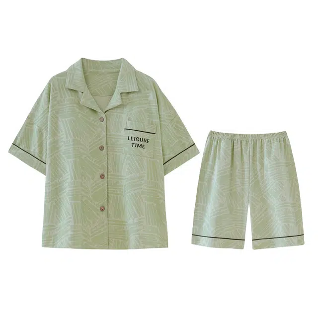 欧诗帛 字母印花口袋翻领上衣几何图案透气三分裤睡衣套装 女款 抹茶绿