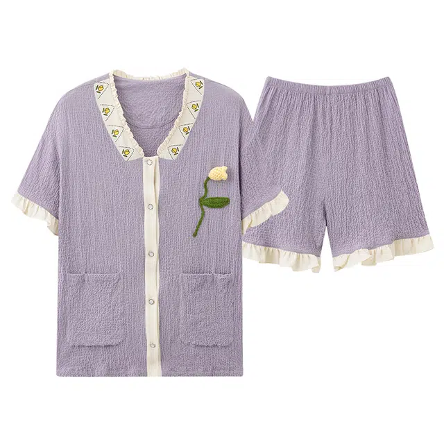 俏薇妮 简约小清新温馨时尚可爱高级感短袖短裤家居服休闲宽松舒适凉爽透气可外穿夏季睡衣套装 女款 紫色