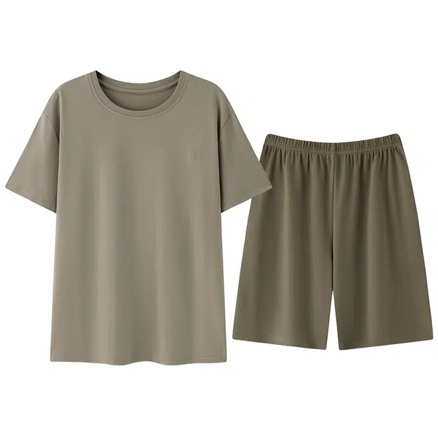 好福份 纯色圆领简约上衣舒适透气五分裤睡衣套装 男款 浅褐色