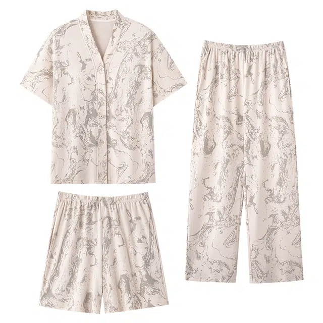 夏芬妍 时尚简约亲肤水墨风纯棉带胸垫开衫家居服舒适休闲短袖和服三件套可外穿睡衣套装 女款 浅灰色