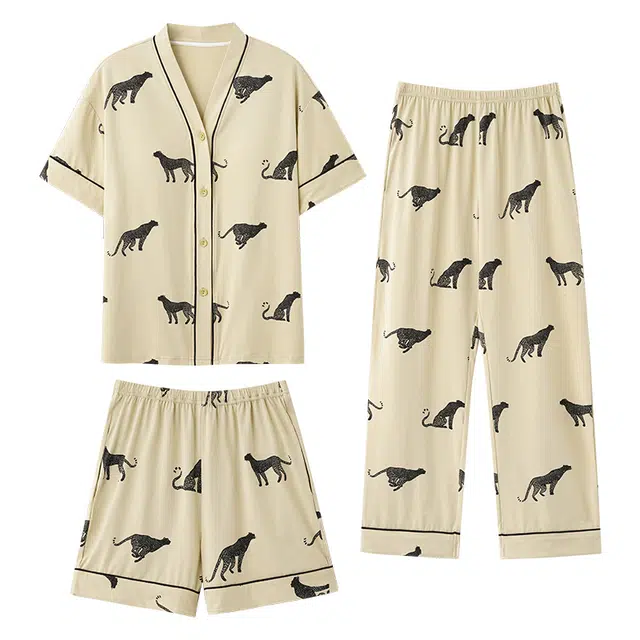 夏芬妍 时尚简约亲肤黑豹满印纯棉带胸垫开衫家居服舒适休闲短袖和服三件套可外穿睡衣套装 女款 绿色