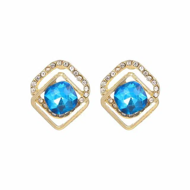 前方大荒野 宝蓝双环镶钻梦幻海蓝时尚小众设计轻奢高级感优雅迷人温柔甜美浪漫时髦个性独特气质精致潮流 锆石 耳钉 女款