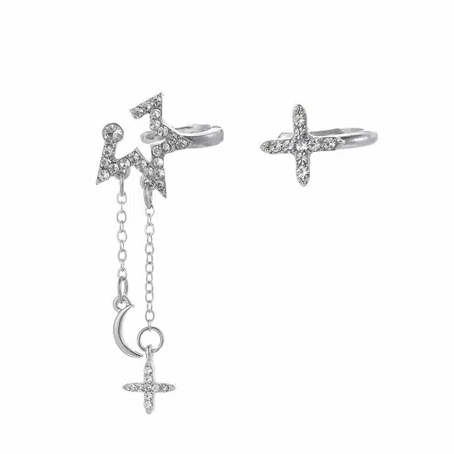 前方大荒野 星月相伴流苏镶钻耳骨夹璀璨闪亮时尚小众设计轻奢高级感冷淡风潮酷精致时髦独特个性无耳洞可戴 锆石 耳夹 女款