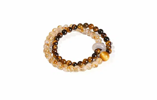 【钱程似锦 日进斗金】 迎百宝 招财小霸王 好运  黄水晶 虎眼石中式美学双圈叠戴招财吸金星座守护手串 男女同款情侣款