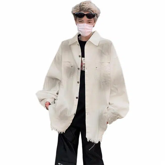 雅鹿 美式高街字母印花简约基础款纽扣宽松翻领街头嘻哈防风舒适大码破坏毛边设计款无性别主义夹克外套 男女同款