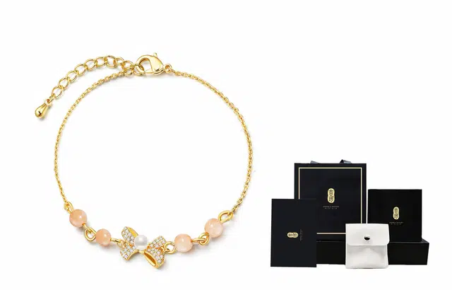 吉珂  小清新气质蝴蝶结手链女  轻奢高级休闲百搭玛瑙转运珠碎钻金色手饰品  女朋友礼物 闺蜜手链女 学生 精美礼盒