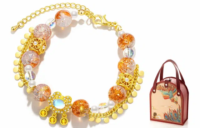 吉珂  琉璃平安锁手链女  国风小众吉祥如意锁转运纳福碎钻亚克力粉橙粉蓝多巴胺手链 女朋友礼物 闺蜜礼物 精美礼盒