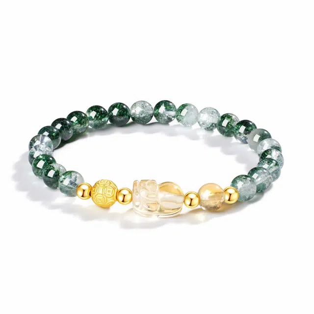 【财源广进】中国黄金 珍·尚银 新中式国潮貔貅招财纳福 小众轻奢设计简约百搭财源滚滚 足银黄水晶 绿幽灵 手串 女款