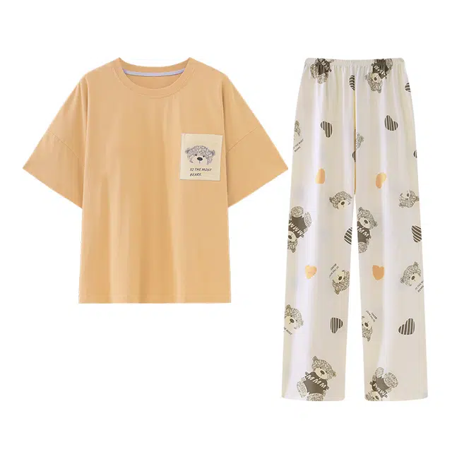 欧诗帛 韩版舒适带胸垫甜美可外穿短袖长裤睡衣套装 女款 图片色