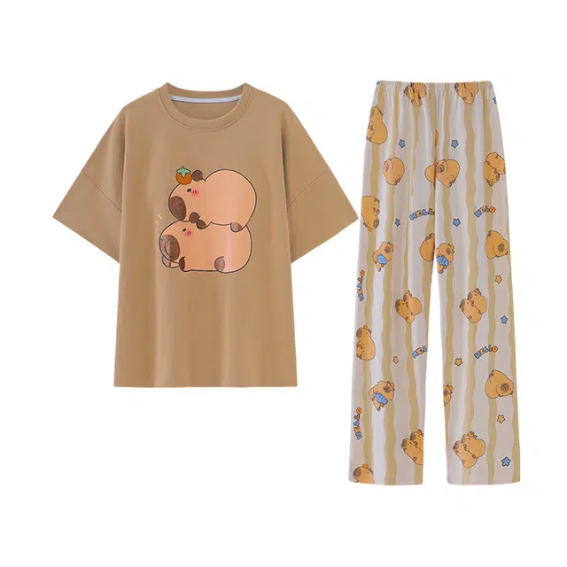 欧诗帛 韩版短袖带胸垫可外穿甜美洋气卡通学生长裤睡衣套装 女款 图片色