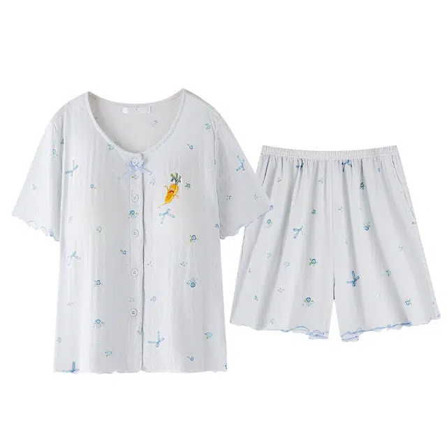 夏芬妍 甜美柔软舒适碎花蝴蝶结卡通圆领带胸垫开衫家居服凉感透气亲肤宽松短袖短裤可外穿睡衣套装 女款 蓝色