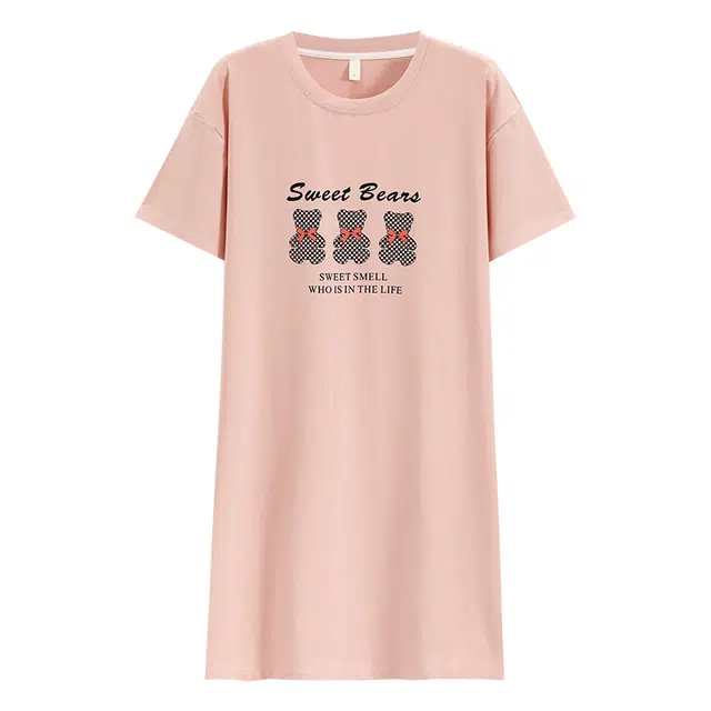 乐姿韵 简约字母时尚卡通圆领柔软亲肤可爱短袖宽松休闲家居服可外穿睡裙 女款 粉色