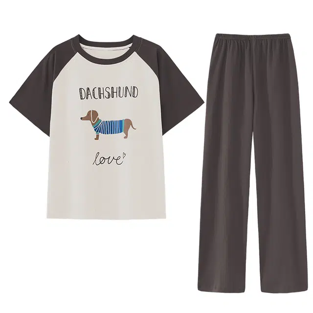 欧诗帛 韩版甜美卡通短袖带胸垫可外穿学生睡衣套装 女款 图片色