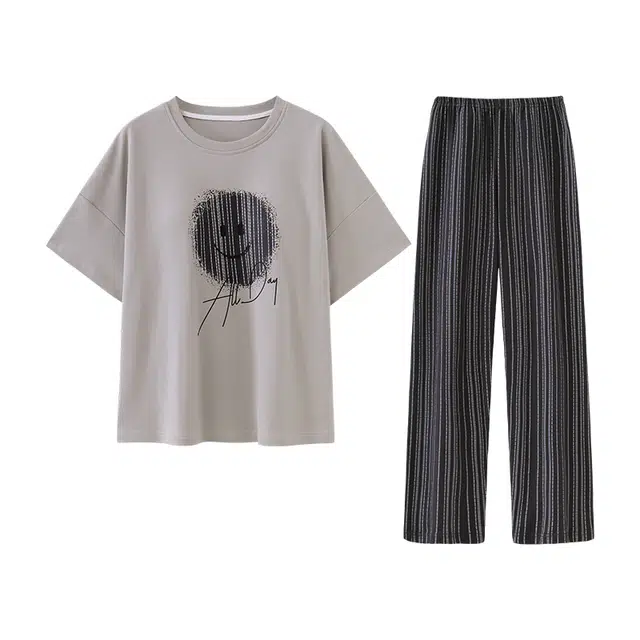 欧诗帛 带胸垫甜美短袖上衣家居服可外穿长裤睡衣套装 女款 图片色