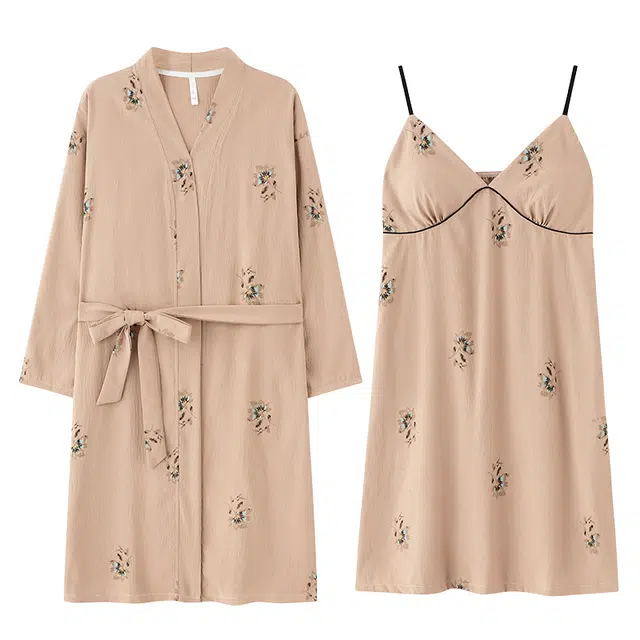 俏佳人 带胸垫纯欲风性感休闲舒适长袖睡衣套装 女款 杏色